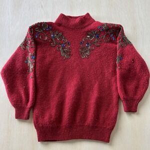 Vintage Nilani Petite Sweater Womens Small Red Beaded Silk Angora Mock Neck